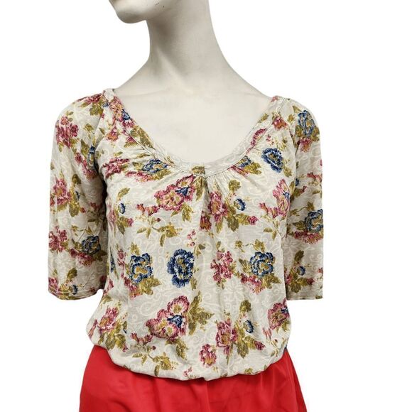 Mudd Boho Top Jersey Knit Floral Elbow Sleeves Pullover V-Neck - Picture 2 of 10